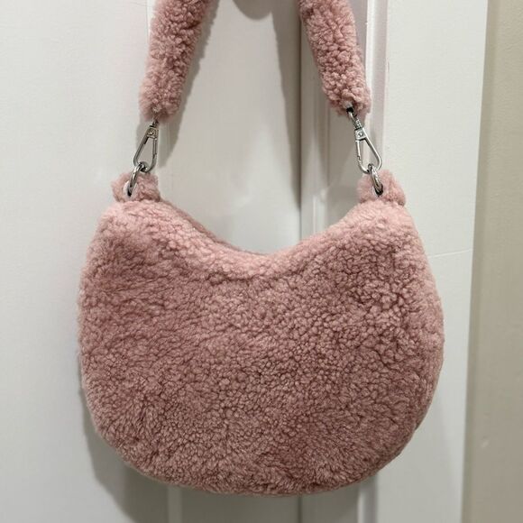 Dusty Rose Real Shearling Leather Half Moon Handbag with 2 Straps & Fur Charm - Picture 11 of 16